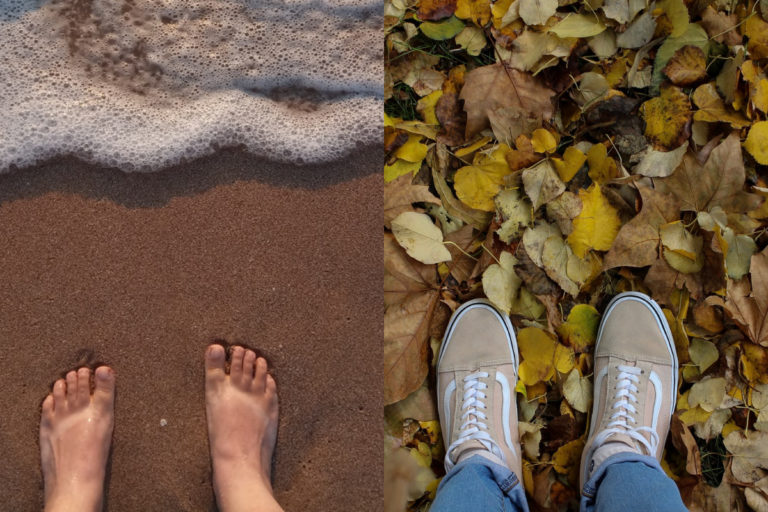 immagine divisa a metà. a sinistra piedi nudi sulla battigia, a destra scarpe sopra a foglie autunnali