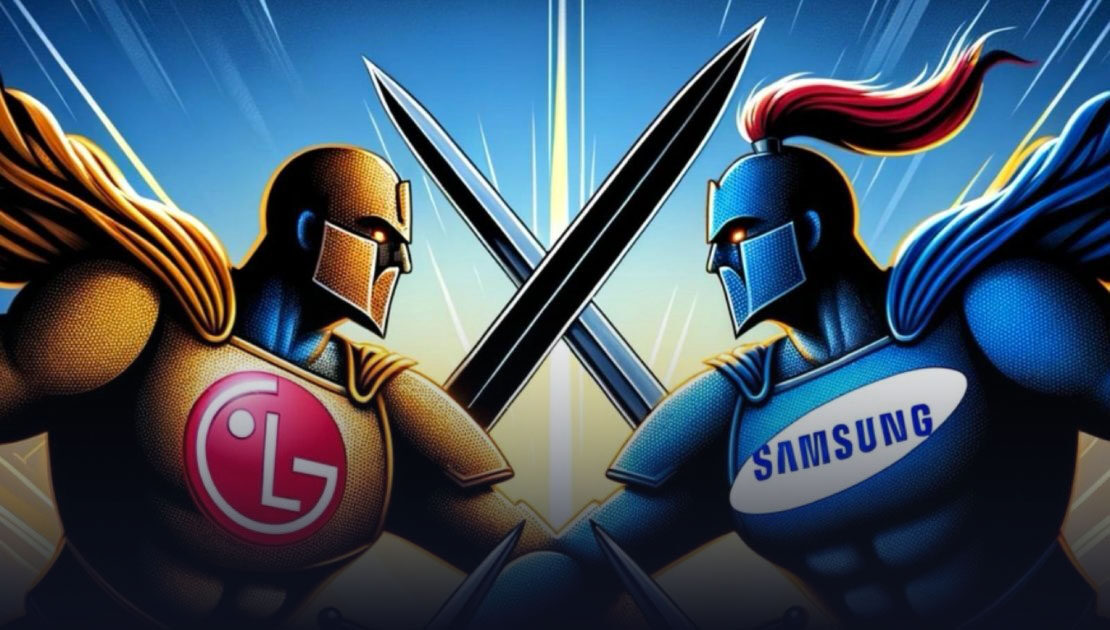rappresentazione dei marchi LG e Samsung come fossero due cavalieri che si sfidano a duello con spade