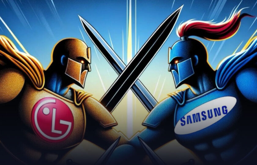 rappresentazione dei marchi LG e Samsung come fossero due cavalieri che si sfidano a duello con spade