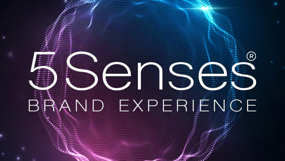 logo 5senses brand esperience con sfondo sfera creata da frequenze
