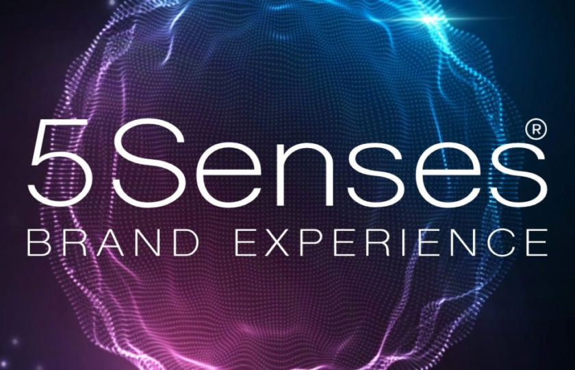 logo 5senses brand esperience con sfondo sfera creata da frequenze
